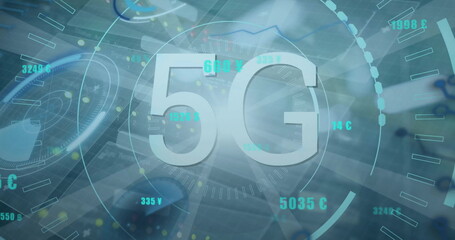 Poster - Image of 5g text in circle with programming language and changing numbers over light beams