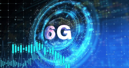 Poster - Image of illuminated circle with 6g text, multiple graphs and sustainable resource icons