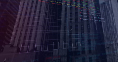 Poster - Financial graphs overlaying tall buildings, showing market trends