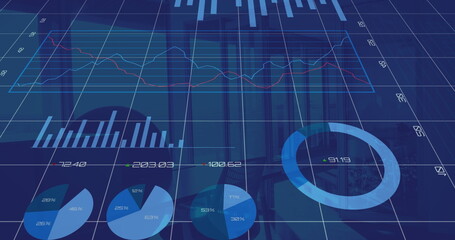 Poster - Various financial charts and graphs displaying data in vibrant blue background