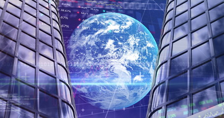 Poster - A glowing digital globe displaying between skyscrapers, numbers floating around