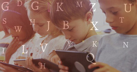 Poster - Image of letters over happy school children using tablets