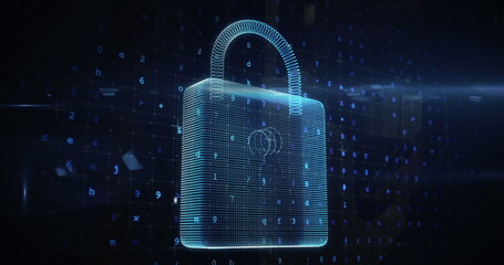 Poster - Image of cyber attack warning and padlock icon over server room