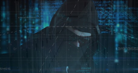 Poster - Image of data processing and hacker over server room