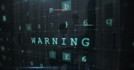 Poster - Image of cyber attack warning over caucasian people in server room