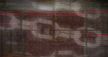 Poster - Image of network of connections and data processing over eye of caucasian man and server room