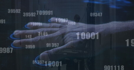 Poster - Image of data processing and hand over caucasian people in server room