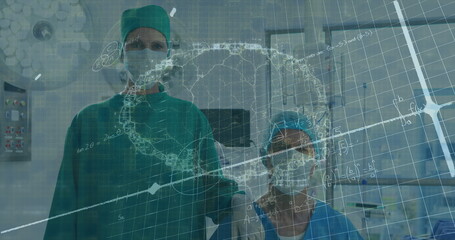 Poster - image of brain rotating over caucasian female and male surgeons in face masks