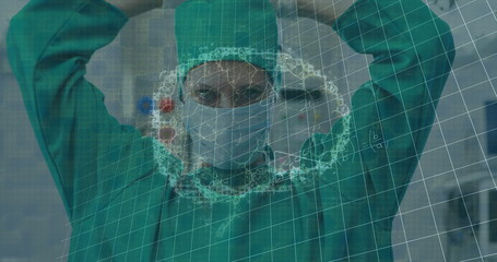 Poster - image of brain rotating over caucasian female surgeon putting on face mask