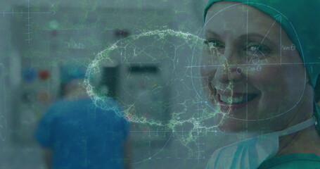 Poster - image of brain rotating over happy caucasian female surgeon