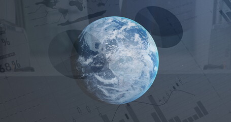 Poster - Image of statistics and data processing over globe