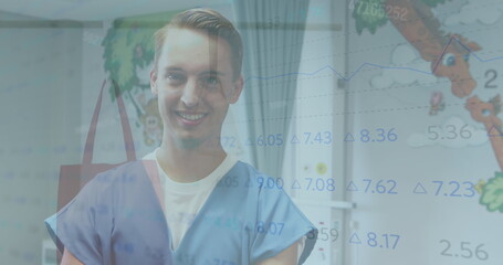 Poster - image of stock market data processing over caucasian male health worker smiling at hospital