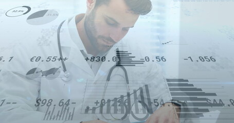 Wall Mural - Image of data processing over caucasian male doctor