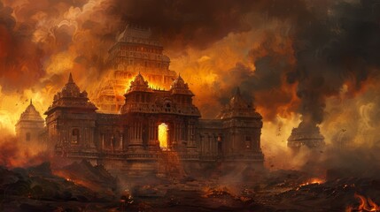 Sticker - hindu temple under a dark clouds sky, concept art painting