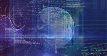 Poster - Image of data processing, graphs and connections over globe in blue space