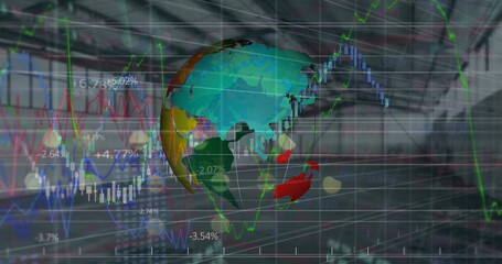 Poster - Image of globe and graphs and financial data over office space