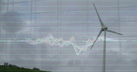 Canvas Print - Image of financial data processing over wind turbine in countryside