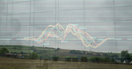 Poster - Image of financial data processing over wind turbines in countryside
