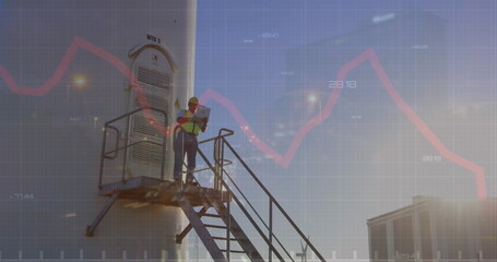 Poster - Image of financial data processing over engineer and wind turbine in countryside