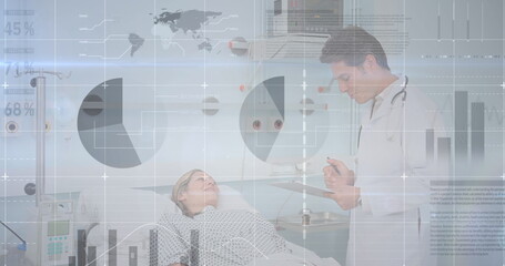 Poster - Image of statistics and data processing over caucasian male doctor and female patient