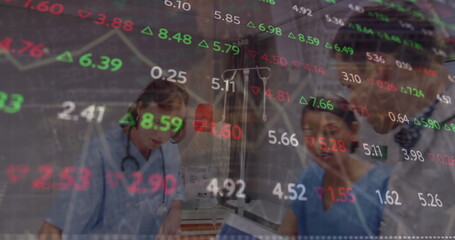 Poster - Image of financial data processing over businessman using smartphone