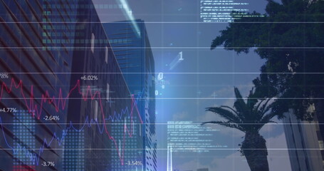 Poster - Image of financial data and graphs over city buildings