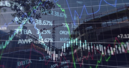 Poster - Image of financial data and graphs over city buildings