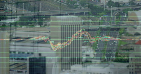 Poster - Image of financial data and graphs over city buildings