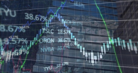 Poster - Image of financial data and graphs over city buildings