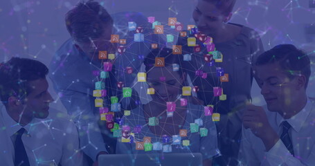 Poster - Image of data processing and media icons over caucasian business people in office