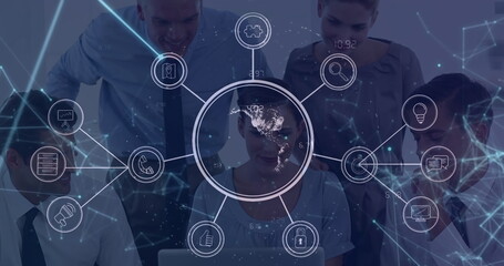Poster - Image of globe with icons over caucasian business people in office