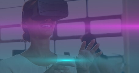 Poster - Image of light spots over biracial woman with vr headset