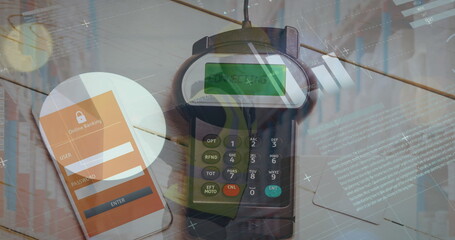 Poster - image of financial data processing over smartphone and payment terminal
