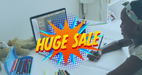 Poster - Image of huge sale text over african american girl having online lesson