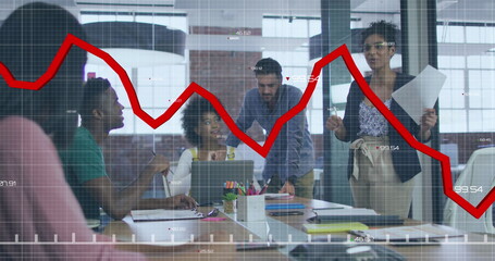 Poster - Image of statistical data processing over group of colleagues discussing together at office