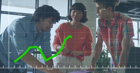 Poster - Image of statistical data processing over group of colleagues discussing together at office