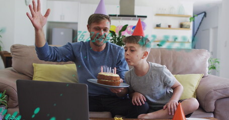 Poster - Image of data processing over caucasian father and son at birthday