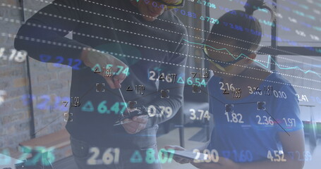 Poster - Image of financial data processing over man and apprentice working in workshop