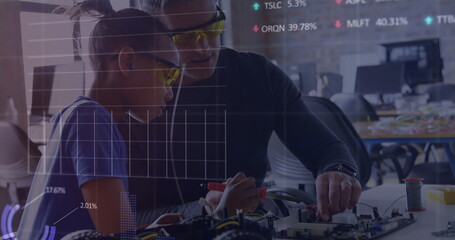 Poster - Image of financial data processing over man and apprentice working in workshop
