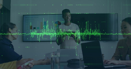 Poster - Image of financial data processing over businesswoman in office
