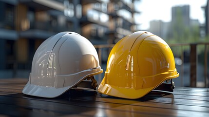 Wall Mural - Two construction helmets on a table, one white and the other yellow, with a blurry building in the background