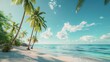 Sunny tropical Caribbean beach with palm trees and turquoise water, caribbean island vacation, hot summer day.