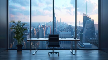 Wall Mural - Empty office workspace with city view through window. Sleek skyscraper interiors. Bright city office perspective.