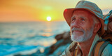 Fototapeta  - A contemplative elderly Caucasian man in a hiking outfit, watching a breathtaking sunset by the sea