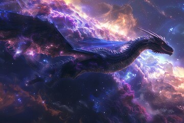 A large black dragon is seen flying gracefully through a galaxy-filled sky, surrounded by stars and cosmic elements. Generative AI