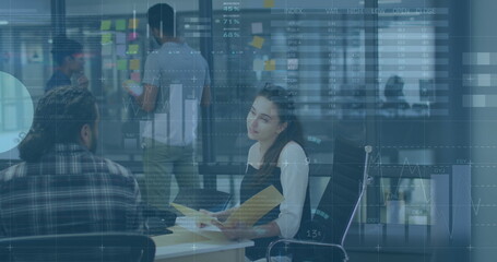 Poster - Image of infographic interface over diverse woman explaining reports to coworkers in office
