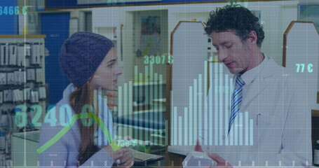 Poster - Image of financial data processing over caucasian male pharmacist and female patient