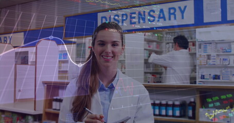 Poster - Image of financial data processing over caucasian female pharmacist
