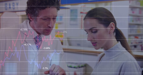 Poster - Image of financial data processing over caucasian male pharmacist and female customer