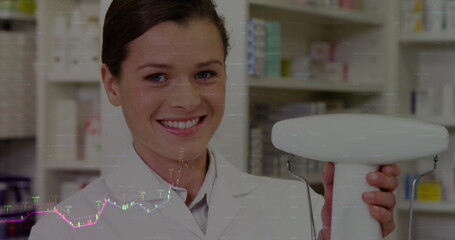 Poster - Image of financial data processing over caucasian female pharmacist